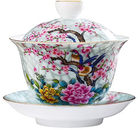 Ameolela Traditionelle chinesische Teetasse aus emailliertem Porzellan, Gaiwan Kungfu-Teeschale mit Deckel und Untertasse, 150 ml
