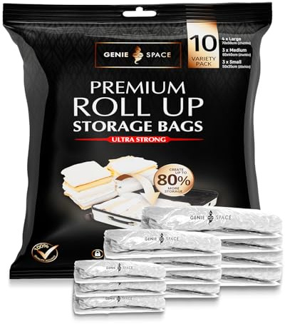 GENIE SPACE Premium Aufrollbare Vakuumbeutel für Kleidung & Reisen – Variety 10er Pack (4L + 3M + 3S), Luftdicht, Wasserdicht & Wiederverwendbar – Ohne Pumpe, Ideal für Zuhause & Unterwegs