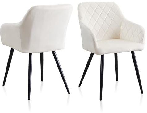 TUKAILAI Esszimmerstühle 2er Set, Küchenstühle Samt,Polsterstühle Wohnzimmerstühle Sessel mit Armlehnen Rückenlehne Metallbeinen, für Küche Esszimmer Wohnzimmer, bis 150kg,Creme