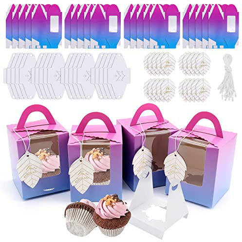 JJoexyfit Cupcake-Boxen, einzelne Cupcake-Boxen mit Griff, kleine Kuchenbox für Kekse, Desserts, Kuchen, Bäckerei, Süßigkeiten, Hochzeit, Party, Gastgeschenke (Farbverlauf), 20 Stück