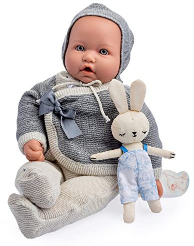 JC TOYS La Baby Vintage Puppe, Original-Kollektion, 43 cm, Körper aus weichem Stoff, Strickkleidung, Schnuller und Plüsch, geschlossene Augen, beige und grau, Kind, entworfen in Spanien von Berenguer,