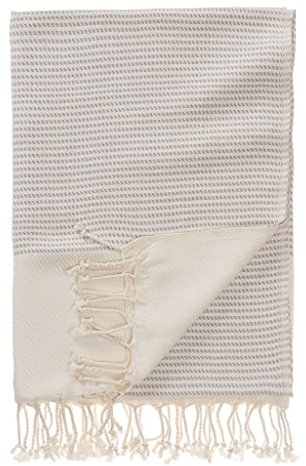 URBANARA Hamamtuch Bolu – 50% Baumwolle & 50% Bambus, Saunatuch/Strandtuch/Liegetuch mit Rautenmuster und Fransen - Hellgrau/Naturweiß