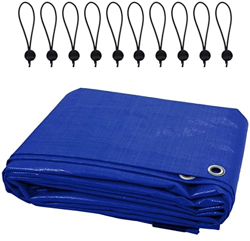 4 x 5 m Tarpaulin Waterproof Cover Camping Ground Sheet Caravan Furniture Multipurpose + 10 Bungee Balls (Blue – 55 GSM)