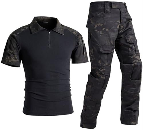 Uugood Sommer Hemd für Herren, Military Shirt Kurzarm Schmal Taktische Anzüge Kampfhemd und Hose Rip-Stop Camouflage Shirt für die Airsoft Jagd Paintball, SchwarzCP, M