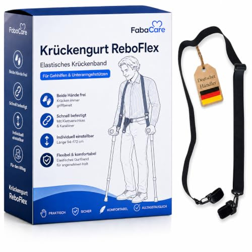 FabaCare Krückengurt ReboFlex, elastisches Krückenband für Gehhilfen, Gurtband für Unterarmgehstützen, Halteband für Gehhilfen, Länge: 94-172 cm, schwarz