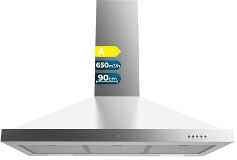 Cecotec Hotte aspirante 90 cm Pyramidale Bolero Flux PM 906500 Inox A. Moteur 165 W, Finition noire, Aspiration 650 m3/h, Commande mécanique, 3 niveaux de puissance, Lumière et Filtre à charbon