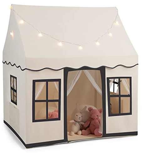 DREAMADE Spielzelt für Kinder mit Lichterkette und gepolsterter Matte, Tipi Zelt, Kinder Spielhaus mit Fenstern, Kinderzelt für Jungs und Mädchen, für Indoor und Outdoor (Beige + Schwarz)