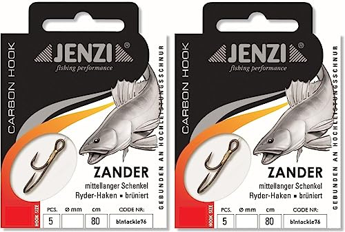 Set: 2 Packungen JENZI gebundene Zanderhaken Ryder-Haken (10 Stück) Mono,80cm Zander Vorfach montiert Hakengröße, 2, 4, 6, 8 + gratis Petri Heill! Aufkleber
