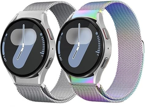 2 Stück Mesh Metall Armband für Samsung Galaxy Watch 7/6/5/4/FE 40 44mm | Keine Lücke Magnetische Armbänder für Samsung Galaxy Watch 6 Classic 43 47mm/5 Pro 45mm/4 Classic 42 46mm,Farbenfroh/Silber