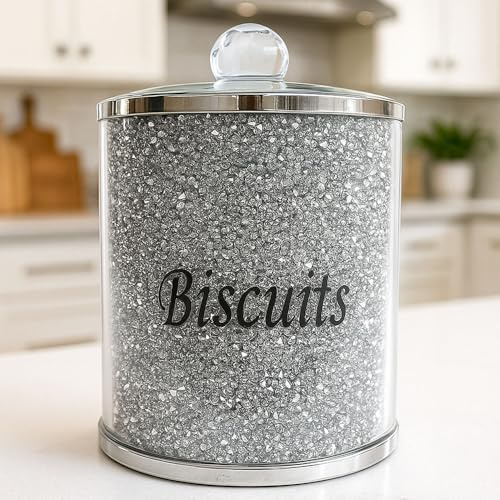 BML Silver Diamond Crushed Biscuit Canister Jar | Sparkle Kitchen Jar Storage Box Canister Crushed Diamond Display | Silver Trimmings Crystal Filled For Home