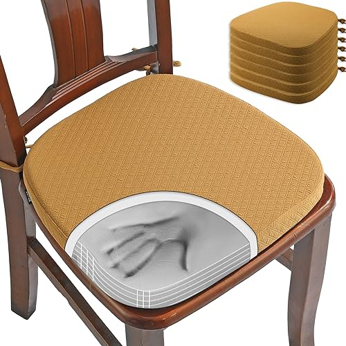 BUYUE Luxury Memory Foam Chair Cushions 6 Pack, Jacquard 16 U-Shape Comfortable Dining Chair Pads, Removable Slip Resistant Kitchen Chair Seat Cushions (Set of 6, Ocher)