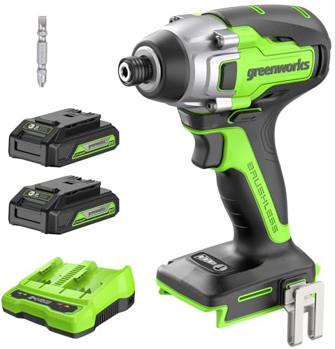 Greenworks - 24V Brushless Cordless Impact Driver Kit, 2650 Inch/lb Torque 1/4 Inch Hex, Variable Speed Impact Drill Set, Power Bank,
