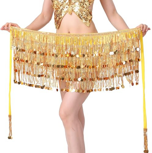 Sexy Funkelnde Pailletten Bauchtanz Hüftrock für Frauen Einstellbare Chiffon Schal Wickel Karneval Kostüm Gürtel Rock mit Münze Quaste Gold