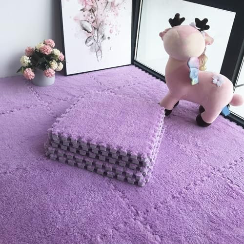 XAoSCd Ineinander Greifende Teppichfliesen Mit Rand, 60-Teilige Bodenmatte Aus Plüschschaum, Puzzle-Spielmatten, Wohnzimmer, Schlafzimmer, 30 X 30 cm (Lila 0,23 Zoll)