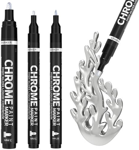 AOSUCO Silver Metallic Chorme Paint Pens, 3 Pack Touch Up Markers Mirror Effect, Permanent Liquid Chorme Pen for Christmas Resin Crafts, Coloring, Stroke, Model Metal Glass Plastic Painting