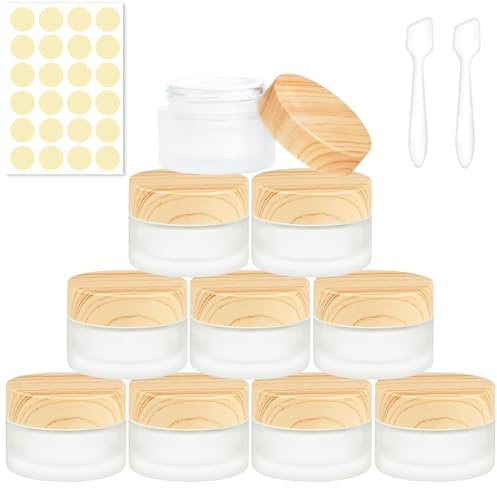 PIWOSGOL10 Pcs Pots Cosmétique Vide en Verre, 15ML Pots Creme Vide, Conteneurs Cosmétiques Pot Échantillon, Contenant Échantillon Voyage avec Autocollants & Spatule, pour Crème Lotion Maquillage