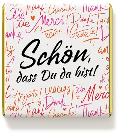 50 Stück Danke Schokolade „Schön, dass du da bist“ – Mini Milchschokolade Gastgeschenk für Gäste – Perfekt für Events, Feiern & besondere Anlässe