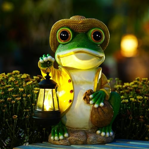 Pohabery Large Frog Garden Statue, 13.3 Inches Tall, Resin Frog Decor with Solar Lantern for Outdoor Decoration and Housewarming