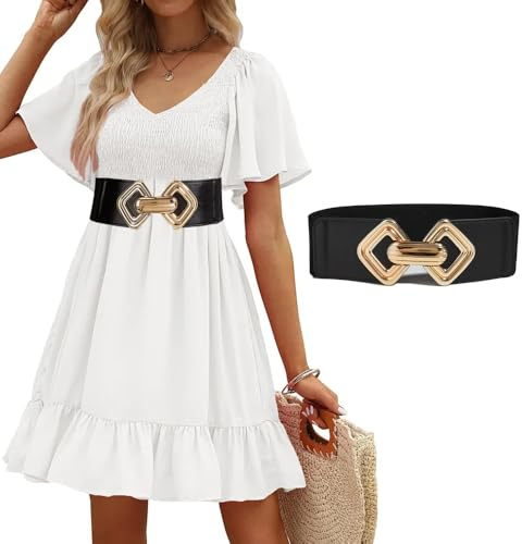 TOFBS Gürtel Damen Breiter Elastischer Taillengürtel Vintage Cinch Belt Mode Goldener Schnalle Hüftgürtel für Kleider Abendkleid Pullover (Schwarz)
