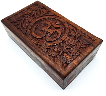 Handgjord trälåda låda storlek M med Mantra Om Aum-symbol för gåva smycken förvaring | Spiritualitet livsstil Indien (storlek M 17 x 9 x 5 cm vikt ca 300 g)