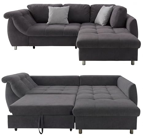 luma-Home 17007/ Ecksofa mit Schlaffunktion, Mikrofaser-Bezug Anthrazit | B250/T190/H84 cm, Wellenunterfederung und Komfortschaum, Longchair Ottomane rechts, 2 Zierkissen Grau