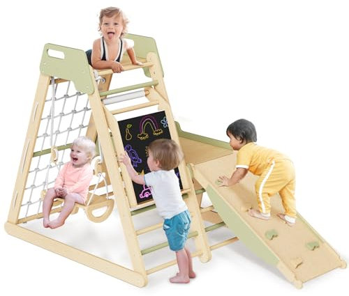 LOL-FUN Climbing Frame for Toddlers 1-3, Kids Jungle Gym for Indoor&Outdoor Use, 12-in-1 Wooden Climber Playground with Slide, Climber, Swing, Climbing Rope and Detachable Easel