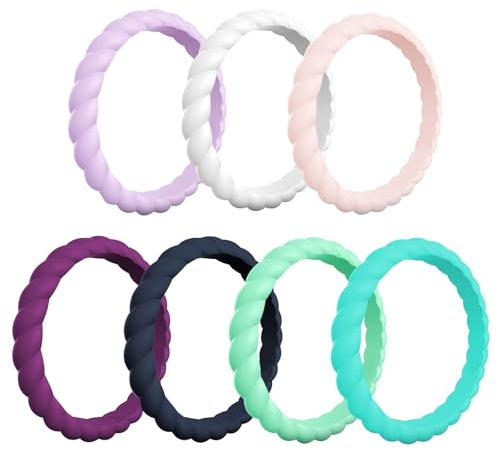 LOCCY 7 Pack Silicone Wedding Ring for Women, Breathable Women Silicone Ring 3mm Twist Rope Braided Rubber Band Wedding Band Colorful Fit Skin Rubber Wedding Bands, Comfortable fit, Skin Safe