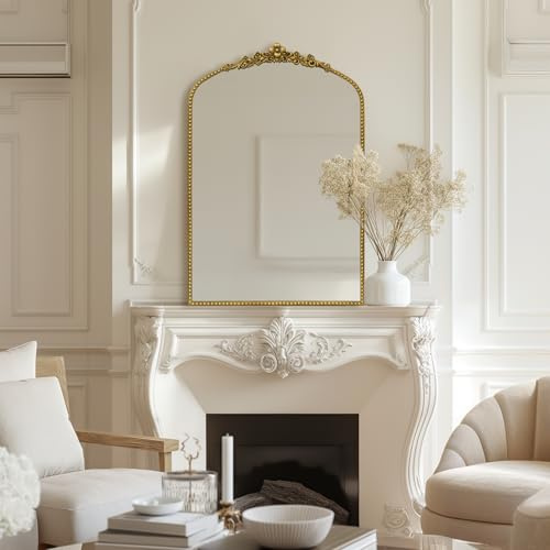 G-LEAF Antik Wandspiegel Gold Bogenform Barock - 60x90 cm Großer Vintage Spiegel mit Ornament-Krone, Eleganter Metallrahmen Dekospiegel für Badezimmer, Wohnzimmer & Flur