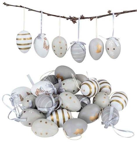 levandeo 24er Set Deko Eier Hängedeko Ostern Grau Gold Muster Ostereier zum Aufhängen Osterdeko Dekoration