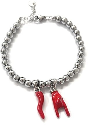 MODA MavillA Bracelet avec perles en acier couleur argent et pendentifs rouges en forme de corne et de cornes, bijoux porte-bonheur avec boîte cadeau incluse