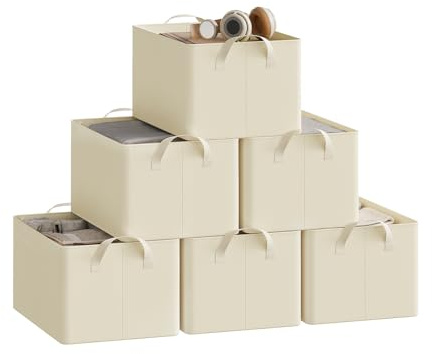 WOLTU Faltbare Aufbewahrungsboxen 6 Stück, mit Griffen, Creme, 37x26x20cm | aus Polyesterstoff, für Schlafzimmer, Arbeitszimmer, Wohnzimmer, für Kleidung Spielzeug, Organizer Box mit Griffen, faltbar,