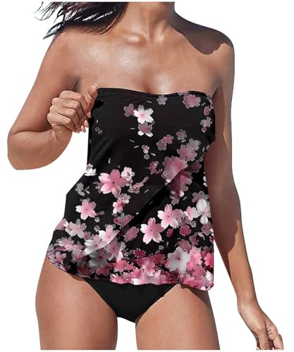 Bandeau Swimsuits for Women UK Two Piece Tankini Set Strapless Top with Swim Briefs Swimming Costume Tummy Control Bathing Suit Vintage Floral Swimwear Bikini Sets Tankinis