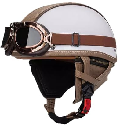 VVPEC Retrò Elmetto Tedesco Pelle Casco Motociclista Caschi Cromwell con Occhiali ECEDOT Omologato Mezzo Moto Caschi Demi-Jet Con Fibbia Sgancio Rapido Casco A Scodella Universale Uomo Donna(11,2XL=63