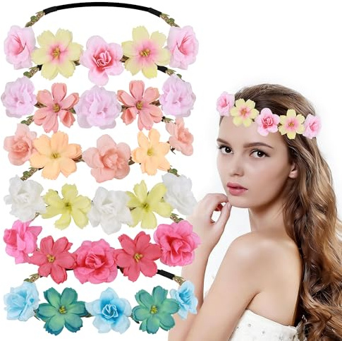6 Pièces Couronnes de Fleurs Bandeau, Couronne Fleur Cheveux, Élastique Guirlande De Fleur Bandeau pour Mariage, Fêtes, Festival