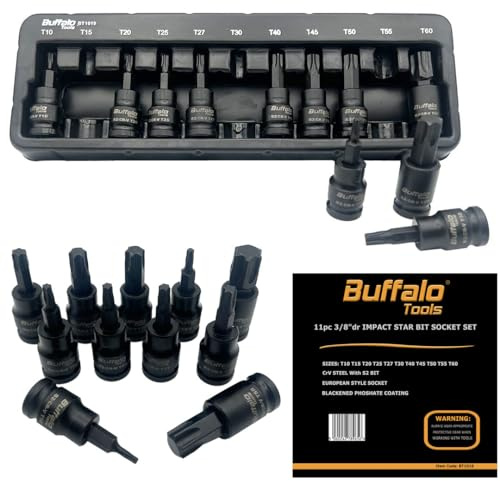 Buffalo Tools Juego de 11 brocas de impacto Torx Star de 3/8 pulgadas T10-T60, acero al cromo vanadio duradero, resistente a la corrosión, juego de herramientas TRX-Star con bandeja de almacenamiento
