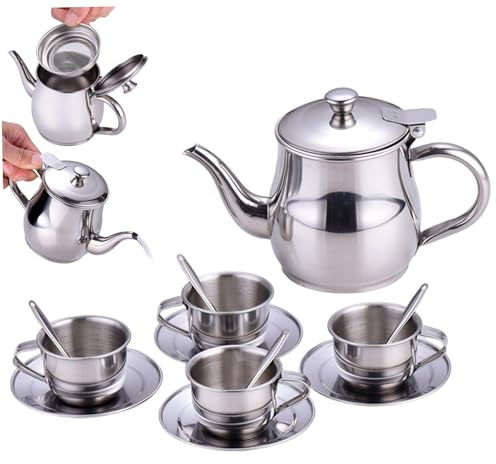 Childrens Tea Sets, Stainless Steel Teapot with Tea Cup Set Shock-Resistant & Heat-Resistant Pretend-Play Safe Teapot for Girls and Boys
