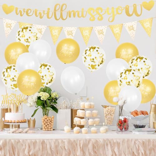 28Pcs Gold Leaving Banners, Good Luck Banner Decoration, Sorry Your Leaving Decorations We Will Miss You with Triangle Flag Cake Topper for Retirement Going Away Graduation Party