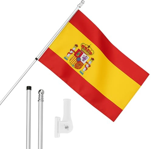 I LOVE FANCY DRESS Drapeau de l'Espagne, mât et support mural – Drapeau espagnol de 1,5 x 0,9 m avec œillets, mât extensible et support – Décoration intérieure et extérieure