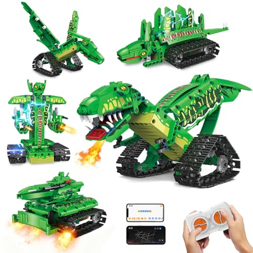 HERMORRYSS Jouet de Construction 5 en 1 Dinosaure, Set de Construction à Transform en T-Rex et Robot, Télécommandé et Application, Dinosaure Blocs de Construction Kit pour Garçons Filles 6-12 Ans