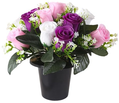 Lotvic Fleurs artificielles pour tombe, fleurs funéraires de 25 cm, pots avec fleurs artificielles, 12 roses en tête, fleurs artificielles pour cimetière, mémorial, Noël (rouge) (violet)