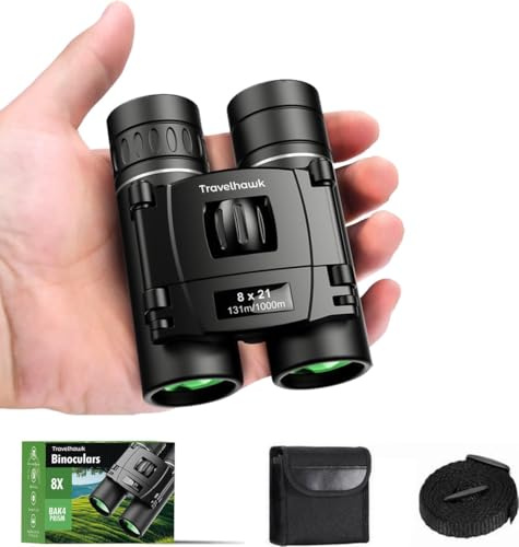 TravelHawk Fernglas 10x25 HD Kompakt - Feldstecher für Brillenträger, Erwachsene und Kinder, BAK4 Prisma Wasserdicht, Für Vogelbeobachtung, Reise und Safari - Schwarz (8x21)
