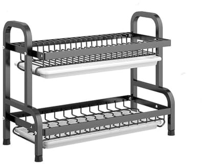 Homeponnew Égouttoir à vaisselle à 2 niveaux en acier inoxydable avec égouttoir, 2 paniers, porte-couverts et support de planche à découper pour comptoir de cuisine, noir