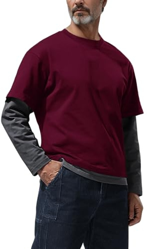 Homme Faux Ensemble 2 pièces Col Rond Chemises Unies superposées Style décontracté Pull Coupe Ample