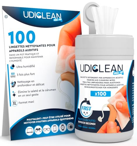 100 Udiclean Hearing Aid Cleaning Wipes in a Resealable Moisture-Sealing Dispenser – Large Size and Extra Strong for Removing Earwax and Dirt