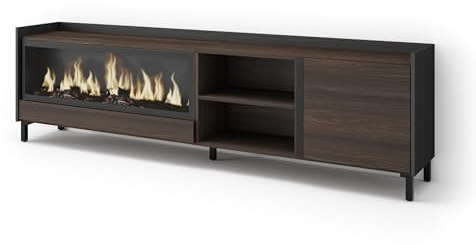 Skraut Home | Mueble TV | Muebles de salón, almacenaje | 212x61x35 cm | para televisión hasta 80 | Chimenea eléctrica XXL | Diseño Industrial | Estilo Moderno | Roble Oscuro y Negro