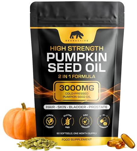 Bearactive Pumpkin Seed Oil Capsules 2-in-1 Formula – 3000mg High Strength Cold Pressed Pumpkin Seed Oil – Omega 3 6 9 Capsules Supplement – Prostate & Bladder Support – 90 Softgels