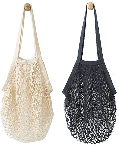 Wiederverwendbare Einkaufstasche von Metyou, 2 Stück, aus Netzstoff, Organizer, Tasche für Obst Schwarz, Beige