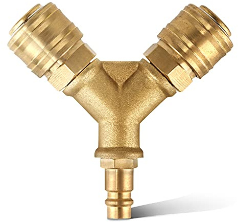 LAIWOO Druckluftverteiler 2-fach mit Kupplungen, 1/4-Zoll Luftschlauch Schnellkuppler Verteiler, Messing Kupplungsstecker mit Außengewinde NW 7,2 Druckluft Y Verteiler