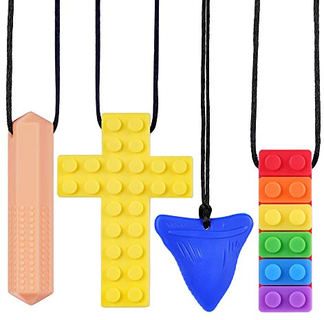 Vicloon Baby Kauen Halskette, 4 Stück Beißring Spielzeug mit Silikon Zahnbürste, Kleinkinder Beissring, Kleinkinder-weiches Silikon, BPA-frei, Natürlicher Kühlbeißring,Autismus- und ADHS