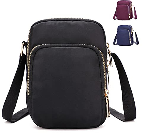Spolife Cross Body Phone Bag Women, Women Girls Zipper Cross Body Phone Bags,Nylon Wallet Shoulder Bag,3 Layers Zipper Cellphone Purse with Adjustable Strap. (Black)